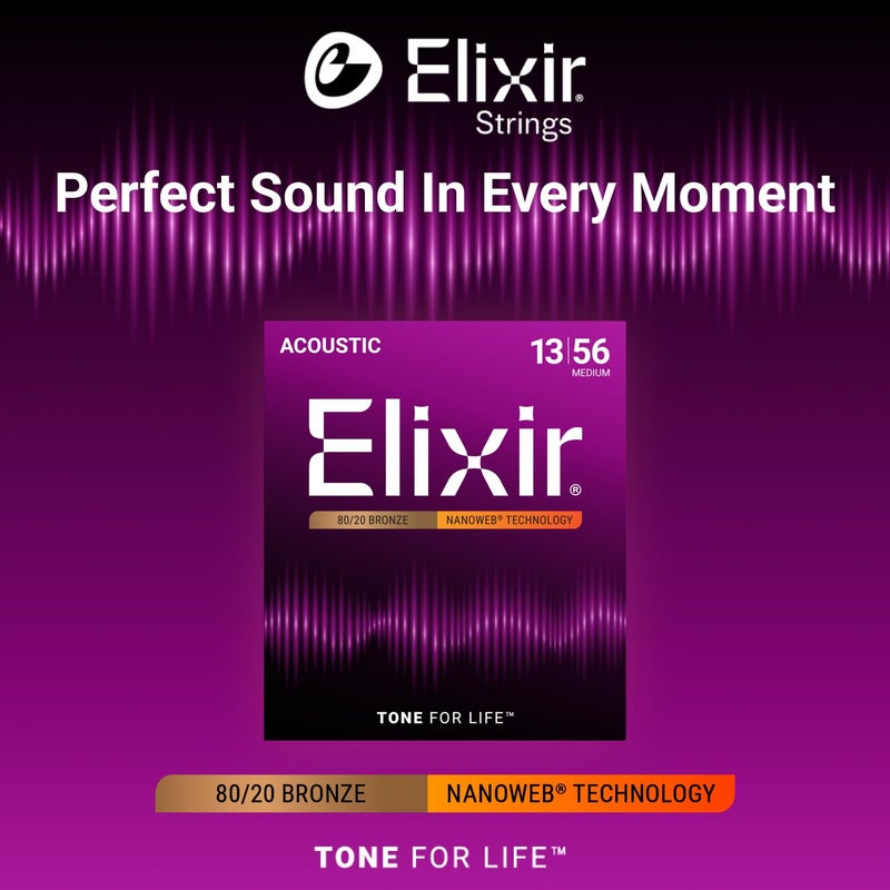 Elixir Strings, Acoustic Guitar Strings, 80/20 Bronze with NANOWEB Technology, Longest-Lasting Bright and Focused Tone For Life with Comfortable Feel, 6 String Set, Medium 13-56 - Image 2